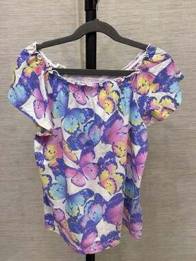 Girls Short Flutter Sleeve Butterfly Print Smocked Top